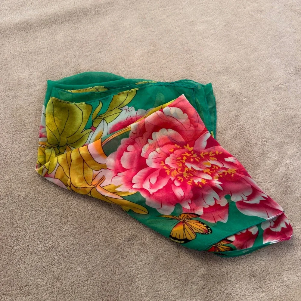 Bold Floral Peony 60x18 Scarf Green Pink Butterfly Boho Coastal‎ Resort Beach